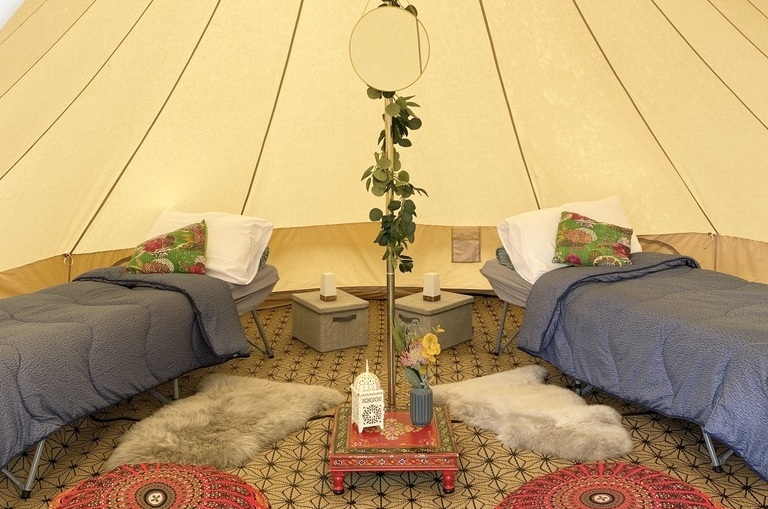 loveabell bell tents with 2 single beds and bedding at Kitts campsite